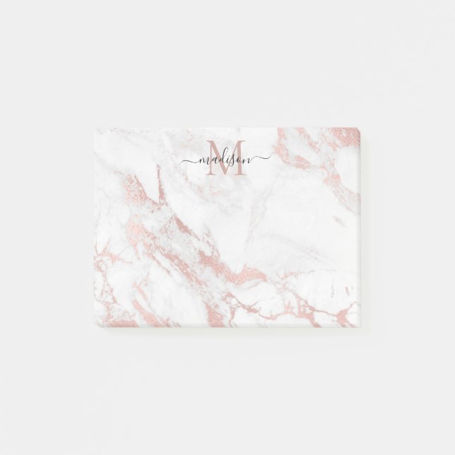 Modernes, schick rosa Rose Gold-Marmor-Monogramm Post-it Klebezettel (Vorderseite)