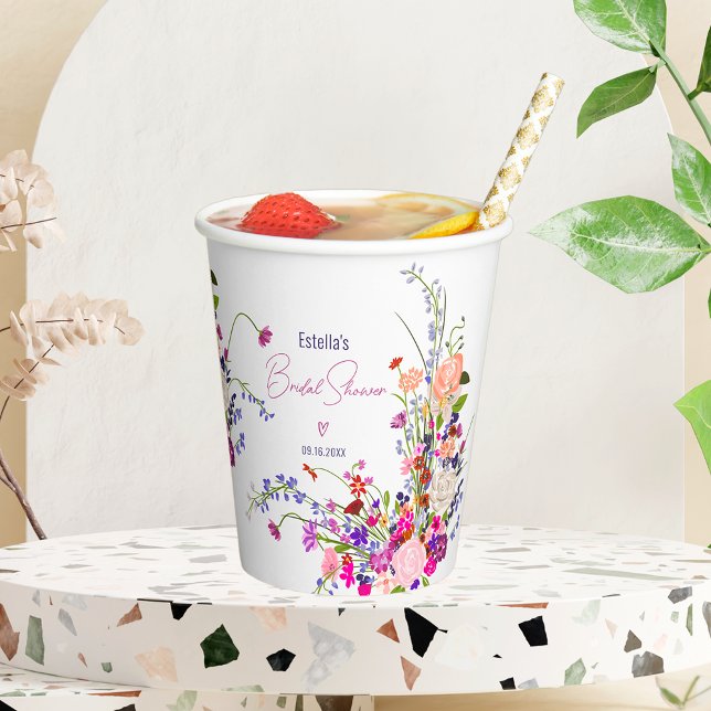 Modernes, schicke Brautparty für wild lebende Blum Pappbecher (Modern chic wild flowers script bridal shower paper cups)