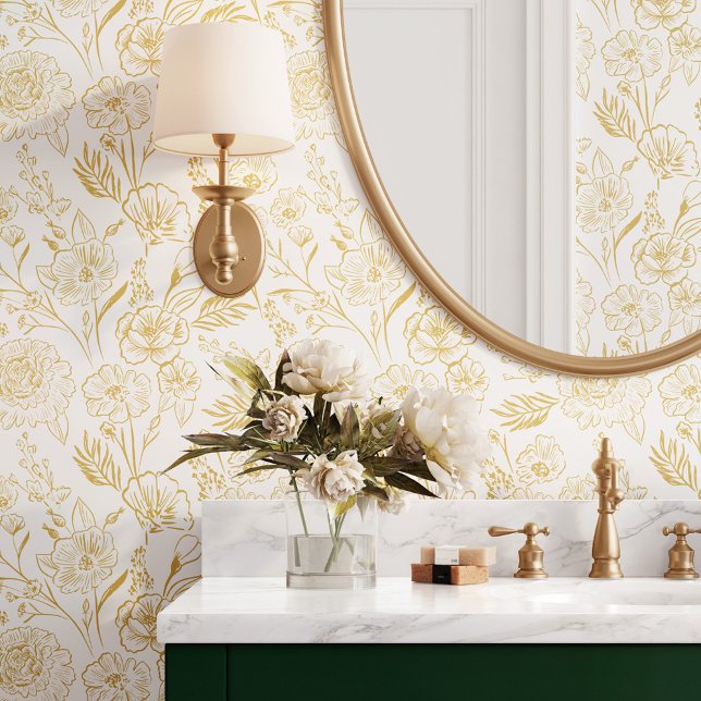 Modernes, schicke gelbe Linie Art Floral Foliage M Tapete (Modern Chic Yellow Line Art Floral Foliage Pattern Wallpaper)
