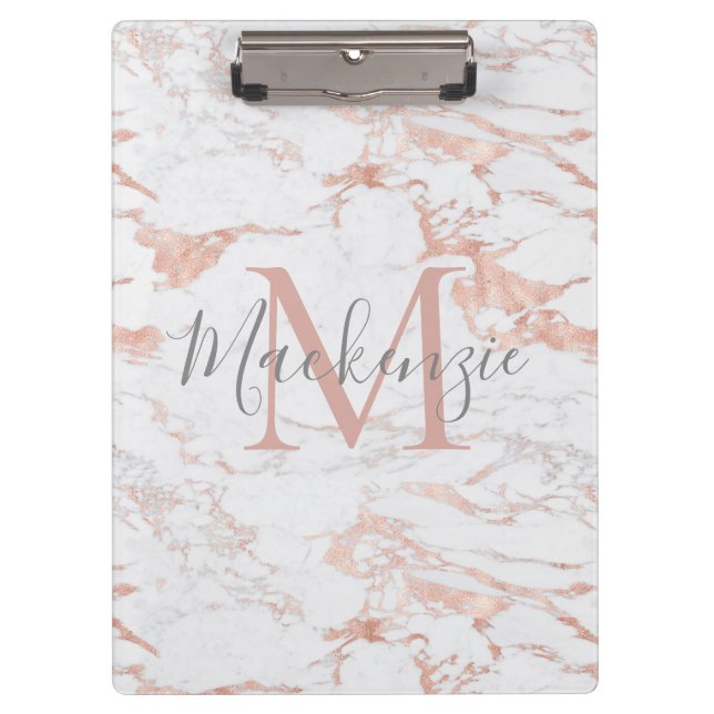 Modernes, schicke Marmormonographie Rose Gold Foil Klemmbrett (Vorderseite)