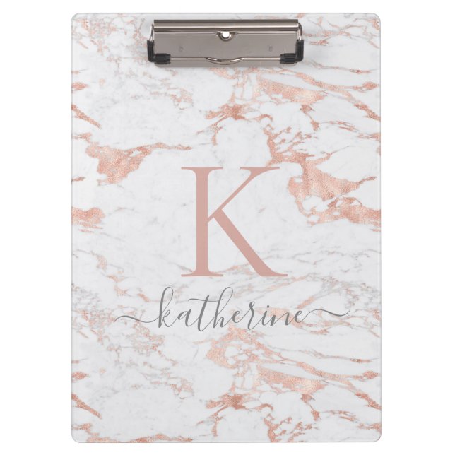 Modernes, schicke Marmormonographie Rose Gold Foil Klemmbrett (Vorderseite)