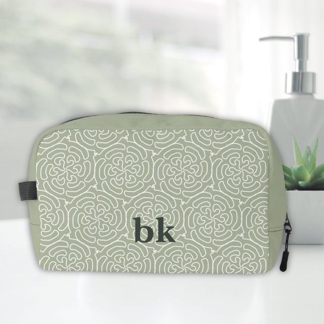 Modernes, schlängelgrünes Muster mit Monogramm Waschbeutel (monogrammed toiletry bag in sage green with pattern)
