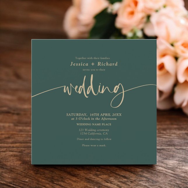 Modernes, schlichtes Goldgrün-Hochzeitsskript Einladung (Modern elegant simple gold green wedding script invitation)