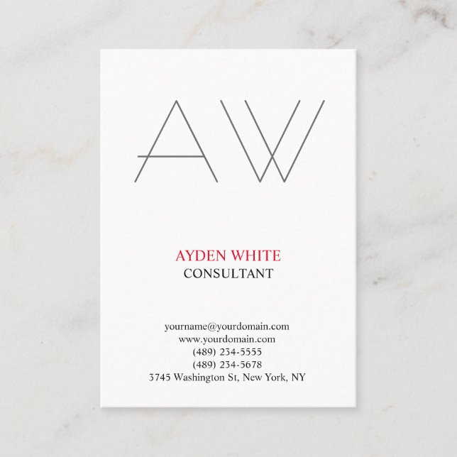 Modernes, schlichtes, Schwarz-weiß-rotes Monogramm Visitenkarte (Vorderseite)