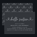 Modernes, schlichtes und elegantes Drehbuch zum 16<br><div class="desc">Moderne 16. Geburtstag einfach stilvolle elegante Drehbuch & geometrische sechzehnte Geburtstag laden ein. Modernes geometrisches Backermuster. Teil einer Sammlung. Die Farbe kann geändert werden.</div>