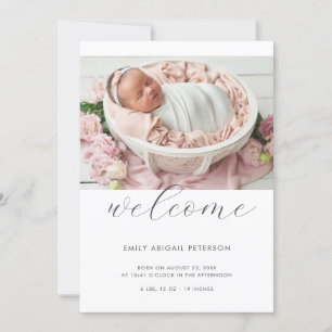 Modernes, schlichtes Welcome Baby Girl Boy Foto Ankündigung