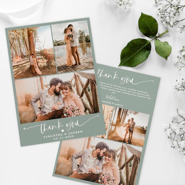 Modernes schlinggrün Drehbuch Herz 6 Fotos Hochzei Dankeskarte (Von Creator hochgeladen)