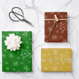 Modernes Schneeflockenmuster Mit Monogramm Rot und Geschenkpapier Set