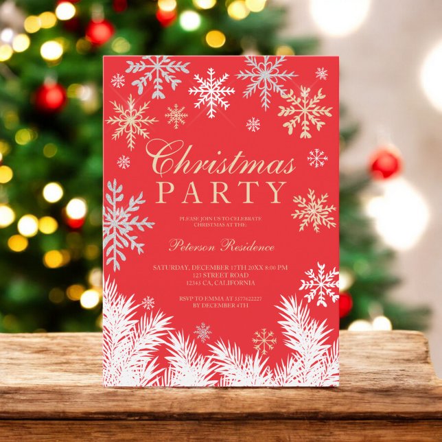 Modernes Schneeflockenpine Roter Winter Weihnachte Einladung (Modern snowflake pine red winter Christmas party Invitation)