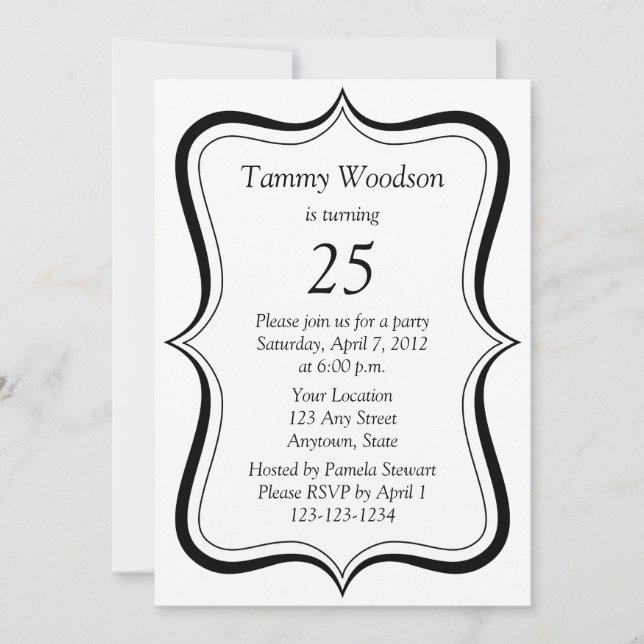 Modernes Schwarz-25. Geburtstags-Party Einladung (Vorderseite)