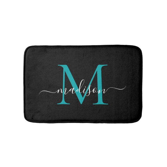 Modernes Schwarz-Aquamarin-Grün-Monogramm-Skript-E Badematte (Vorderseite)
