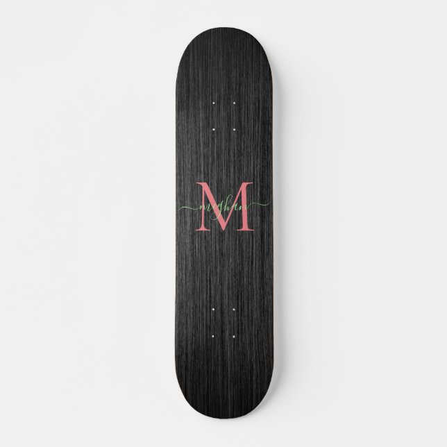 Modernes Schwarz-Bürstenmetall-Rose-Monogramm  Skateboard (Vorne)