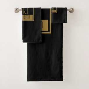 Modernes Schwarz-Gold-Anfangsmonogramm Badhandtuch Set