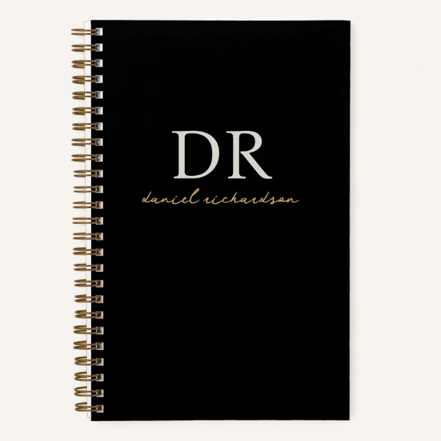 Modernes Schwarz-Gold-Anfangsskriptmonogramm Notizbuch (Vorderseite)