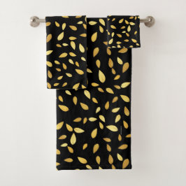 Modernes Schwarz-Gold-Blätter Illustriertes Muster Badhandtuch Set