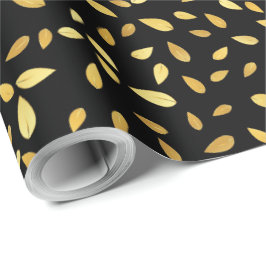 Modernes Schwarz-Gold-Blätter Illustriertes Muster Geschenkpapier