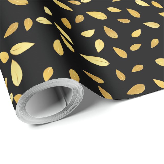 Modernes Schwarz-Gold-Blätter Illustriertes Muster Geschenkpapier (Rolleneckpunkt)