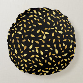 Modernes Schwarz-Gold-Blätter Illustriertes Muster Rundes Kissen