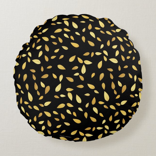 Modernes Schwarz-Gold-Blätter Illustriertes Muster Rundes Kissen (Vorderseite)