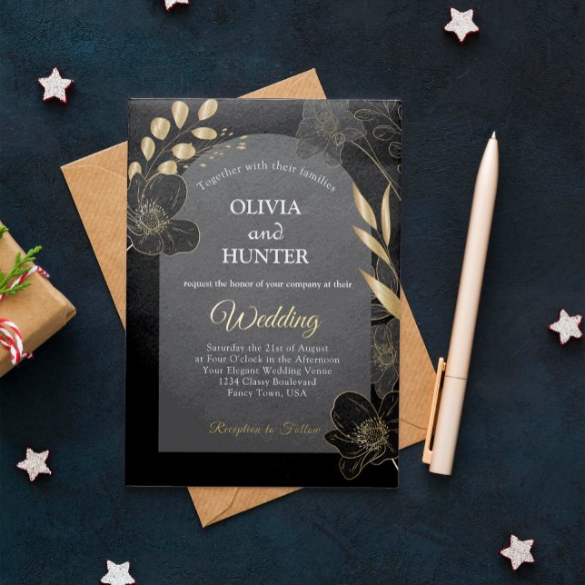 Modernes Schwarz-Gold-Blumen-Foto Hochzeitsfoil Folieneinladung (Black and Gold Floral wedding invitation card )