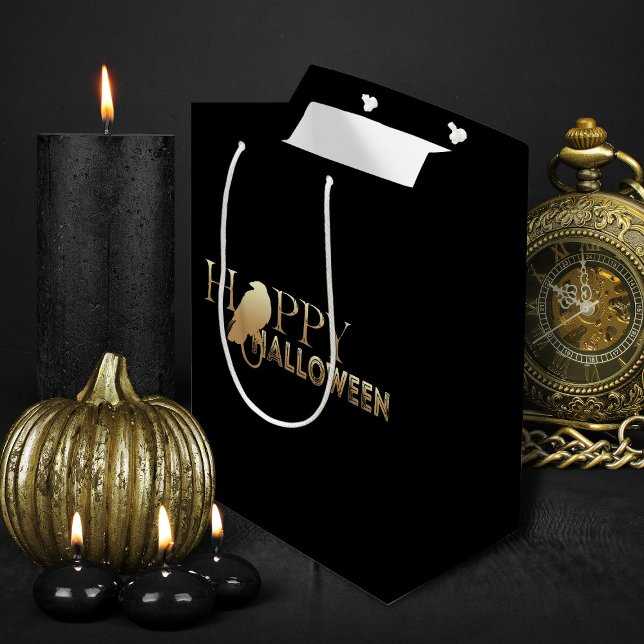 Modernes Schwarz-Gold-Chic-Adult Halloween Mittlere Geschenktüte (black and gold elegant Halloween treats gift bag)