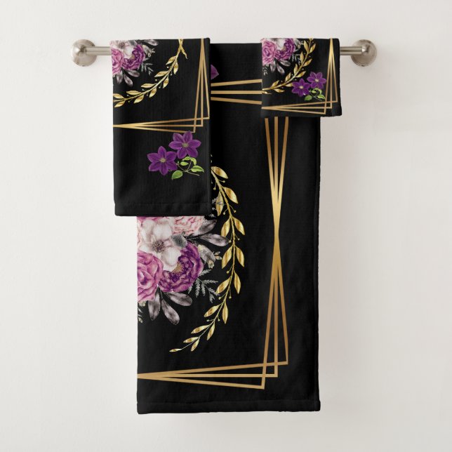Modernes Schwarz Gold Lila floral Trendsetter Boho Badhandtuch Set (Insitu)