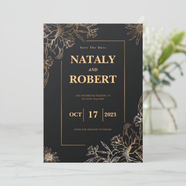 Modernes Schwarz/Gold Save the Date Minimalistisch (Stehend Vorderseite)