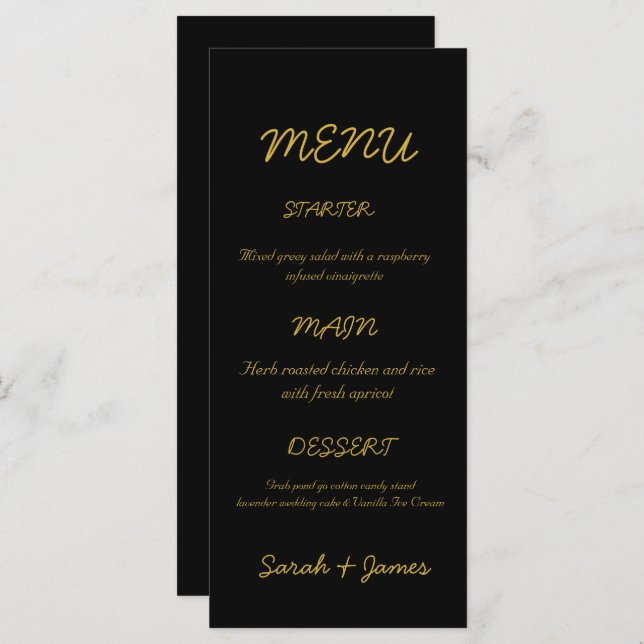 Modernes Schwarz-Gold-Script-Hochzeitsmenü Menükarte (Vorne/Hinten)