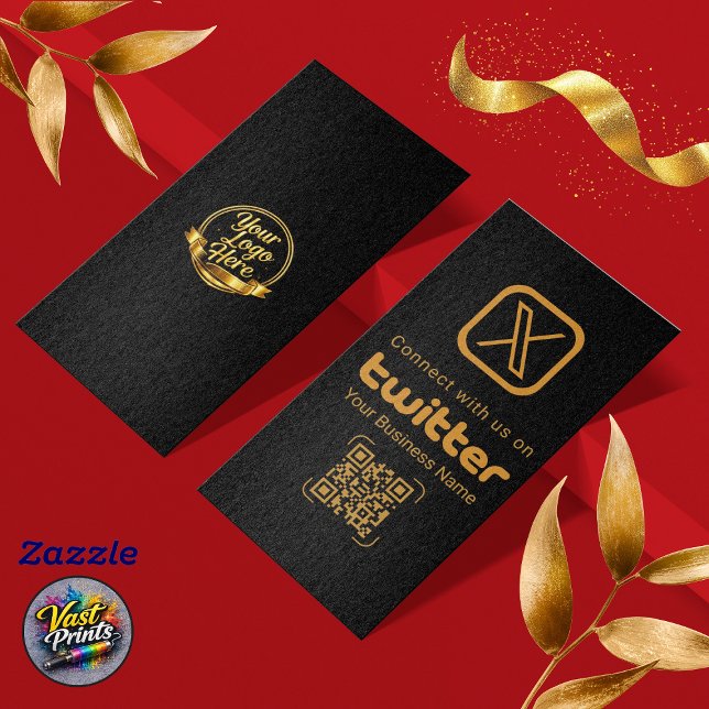 Modernes Schwarz-Gold-X-Logo Twitter-QR-Code Visitenkarte (Modern Black Gold X Logo Twitter QR Code Business Card)