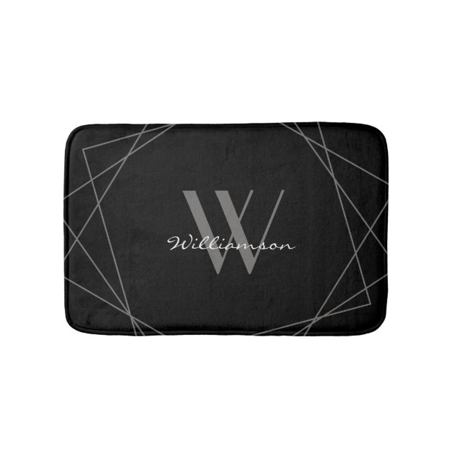 Modernes Schwarz-Grau-Elegantes White Monogram-Skr Badematte (Vorderseite)