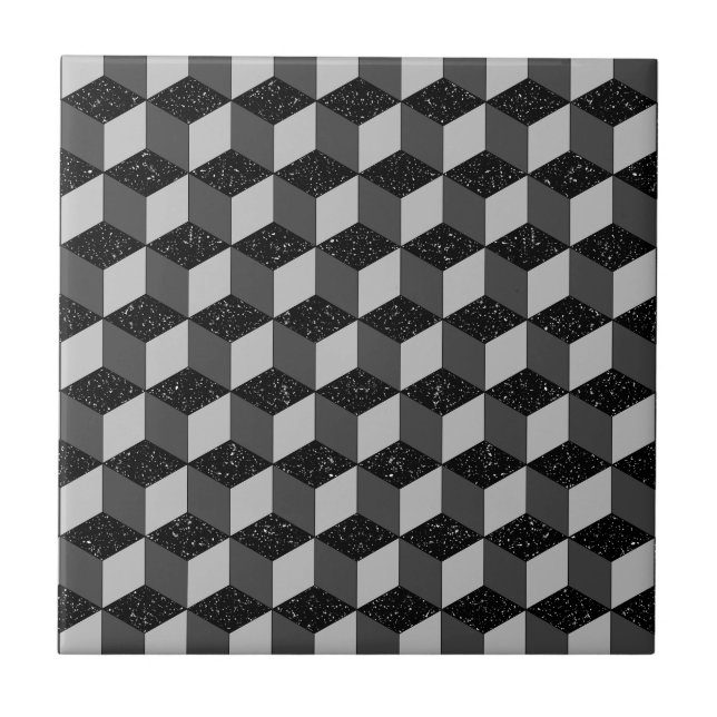 Modernes Schwarz-Grau Geometrisches 3D-Kubikmuster Fliese (Vorderseite)