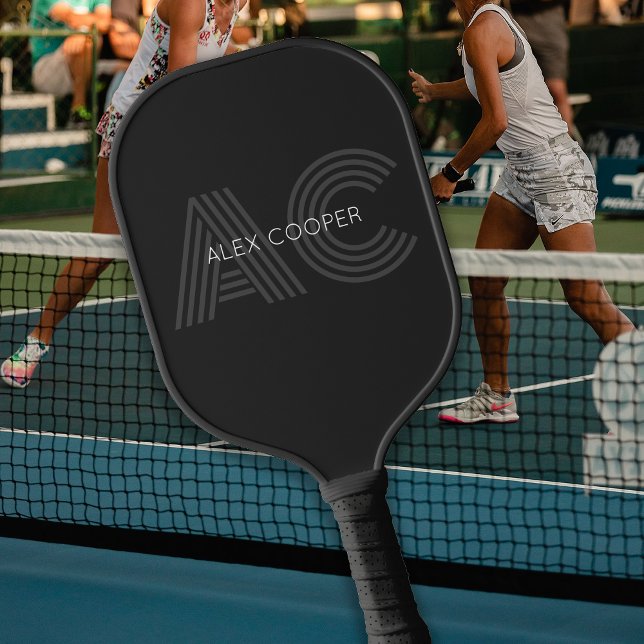 Modernes Schwarz-Grau-Monogramm Pickleball Schläger (Von Creator hochgeladen)