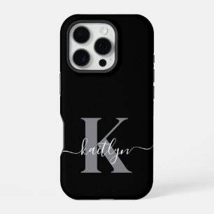 Modernes Schwarz-Grau-Script-Monogramm iPhone 16 Pro Hülle