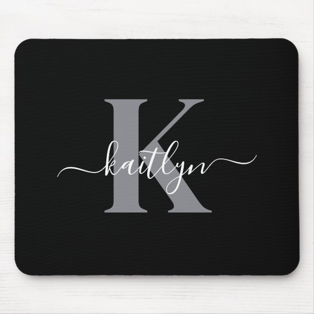 Modernes Schwarz-Grau-Script-Monogramm Mousepad (Vorne)