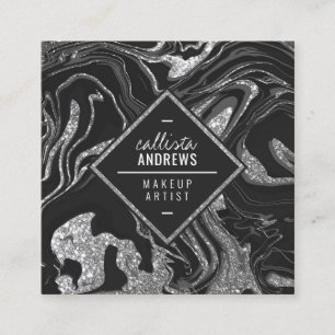 Modernes Schwarz-Grau-Silber-Glitzer-Marmor Makeup Quadratische Visitenkarte