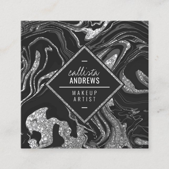Modernes Schwarz-Grau-Silber-Glitzer-Marmor Makeup Quadratische Visitenkarte (Vorderseite)