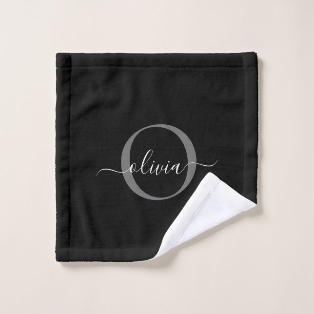 Modernes Schwarz-Grau-Silver-Monogramm-Skriptname Badhandtuch Set (Waschlappen)