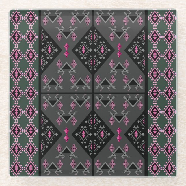 Modernes Schwarz, Grau und Kilim Pink Inspiriertes Glasuntersetzer (Vorderseite)