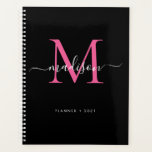 Modernes Schwarz-Heiß-Rosa-Girly-Monogramm-Script  Planer<br><div class="desc">Modernes Schwarz Hot Pink Girly Elegant Monogram Script Name 2021 Planer</div>