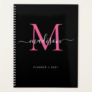Modernes Schwarz-Heiß-Rosa-Girly-Monogramm-Script  Planer