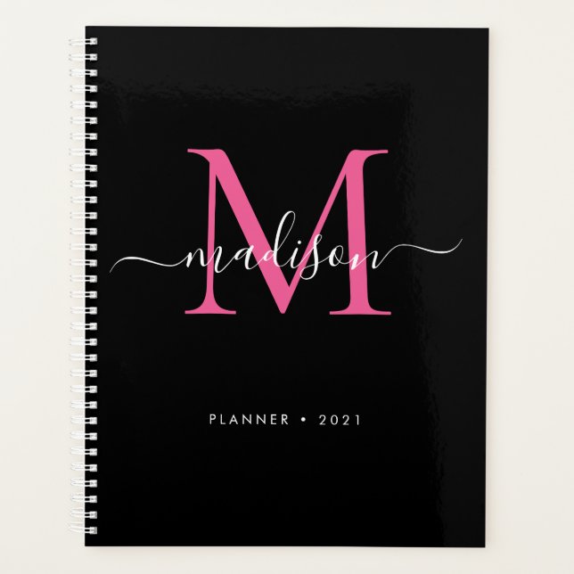 Modernes Schwarz-Heiß-Rosa-Girly-Monogramm-Script  Planer (Vorderseite)
