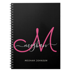 Modernes Schwarz Hot Pink Script Mit Monogramm Notizblock