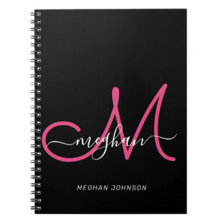Modernes Schwarz Hot Pink Script Mit Monogramm Notizblock
