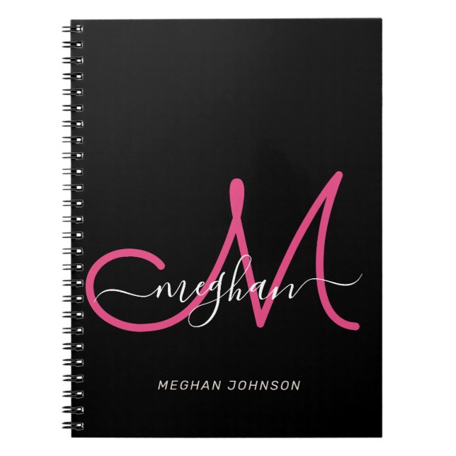 Modernes Schwarz Hot Pink Script Mit Monogramm Notizblock (Vorderseite)