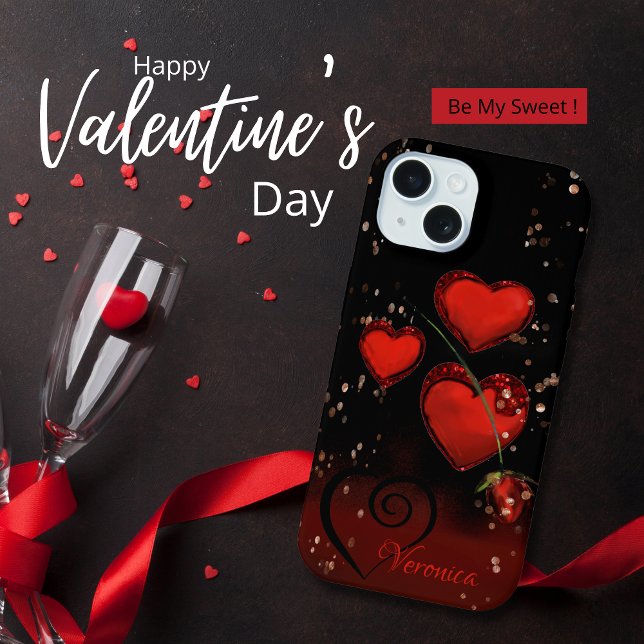 Modernes Schwarz mit rotem Herzen iPhone 15 Hülle (Modern Black with Red Hearts iPhone 15 Case)