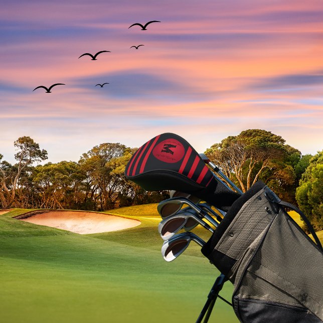 Modernes Schwarz mit roten Streifen Anfangsmonogra Golf Headcover (Personalized golf club covers in classy black and red with personal or business monogram and scrolls)