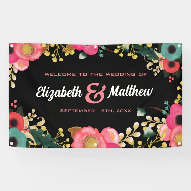 Modernes Schwarz | Rosa | Aquamarine Hochzeit Banner (Horizontal)