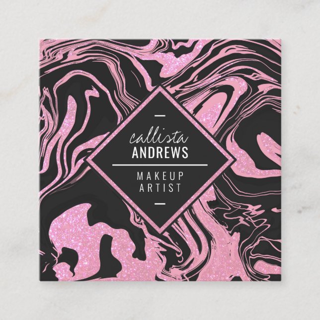 Modernes Schwarz-Rosa-Glitzer-Marmor Quadratische Visitenkarte (Vorderseite)