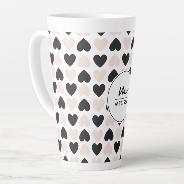 Modernes Schwarz-Rosa-Liebe-Herz-Monogramm Milchtasse (Linke Ecke)
