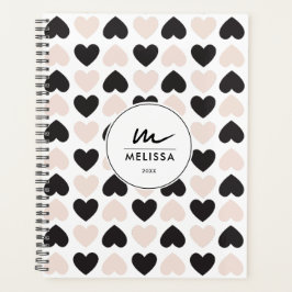 Modernes Schwarz-Rosa-Liebe-Herz-Monogramm Planer